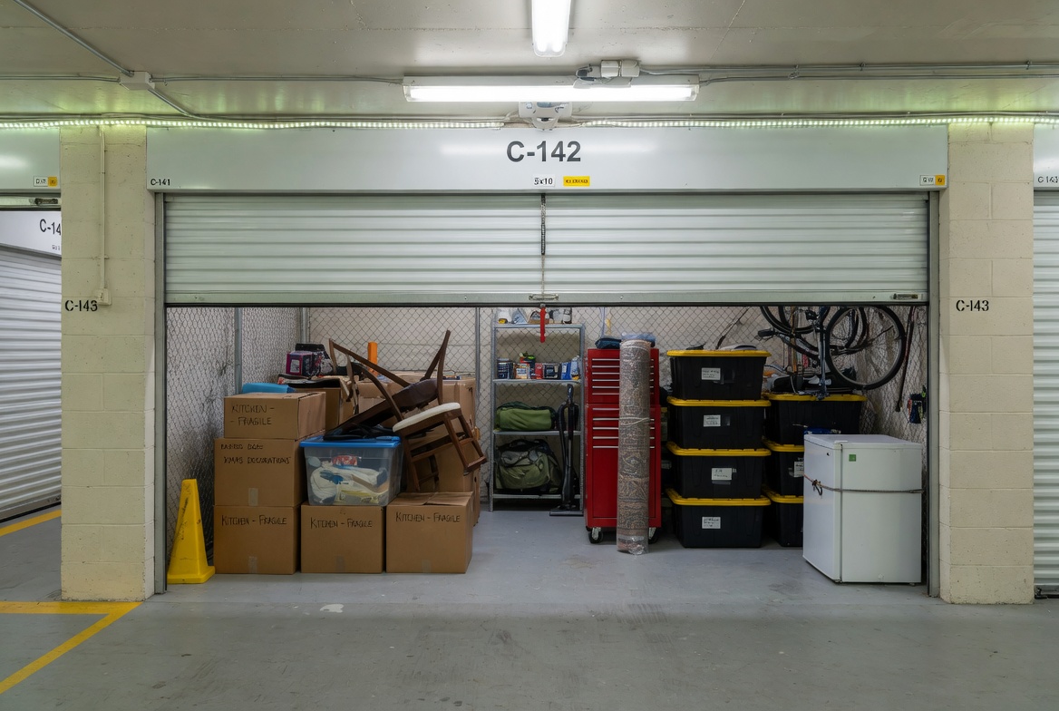 Storage unit with boxes and belongings
